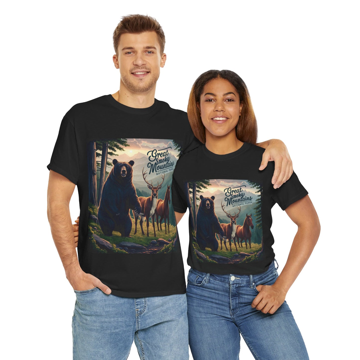 Great Smoky Mountains National Park Bear Deer and Horse Unisex Heavy Cotton Tee