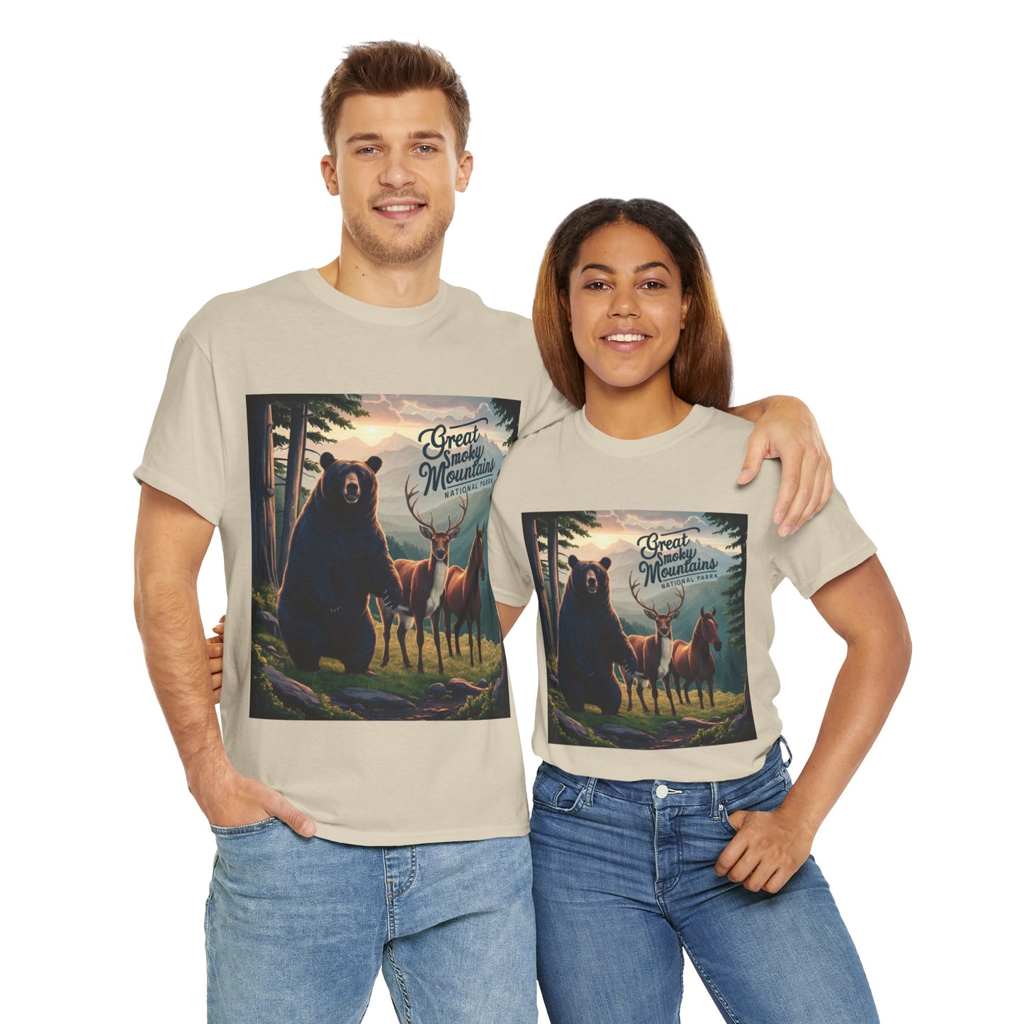 Great Smoky Mountains National Park Bear Deer and Horse Unisex Heavy Cotton Tee