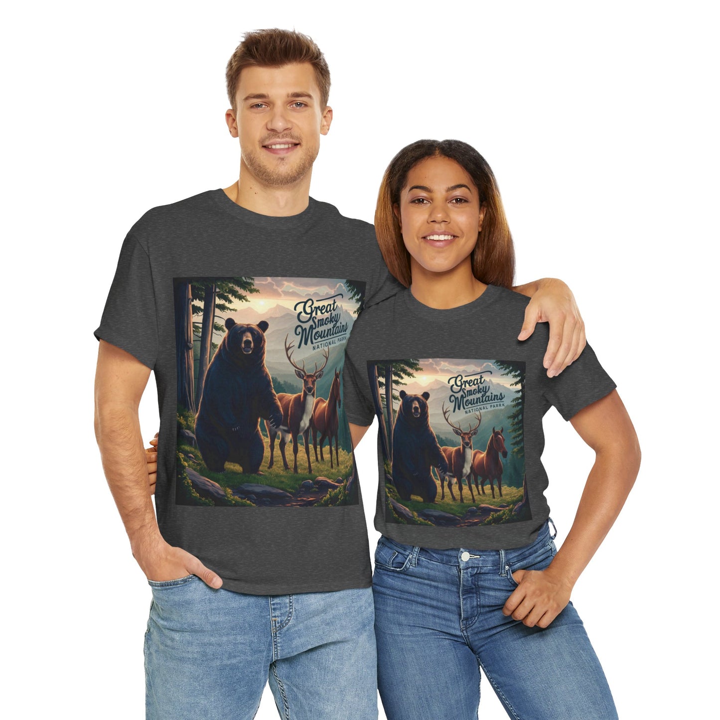 Great Smoky Mountains National Park Bear Deer and Horse Unisex Heavy Cotton Tee