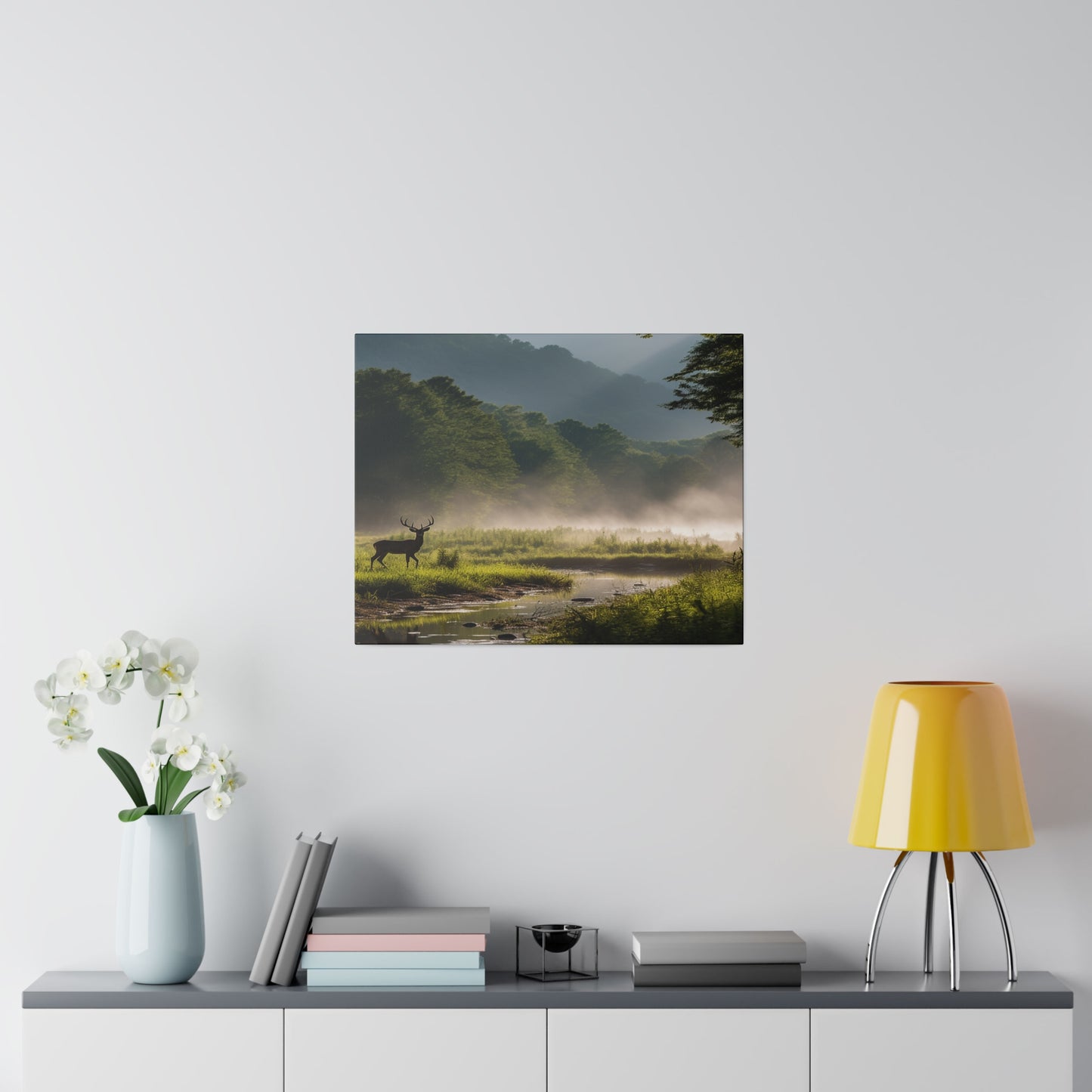 Great Smoky Mountains National Park Deer in Field with Creek Matte Canvas, Stretched, 0.75"