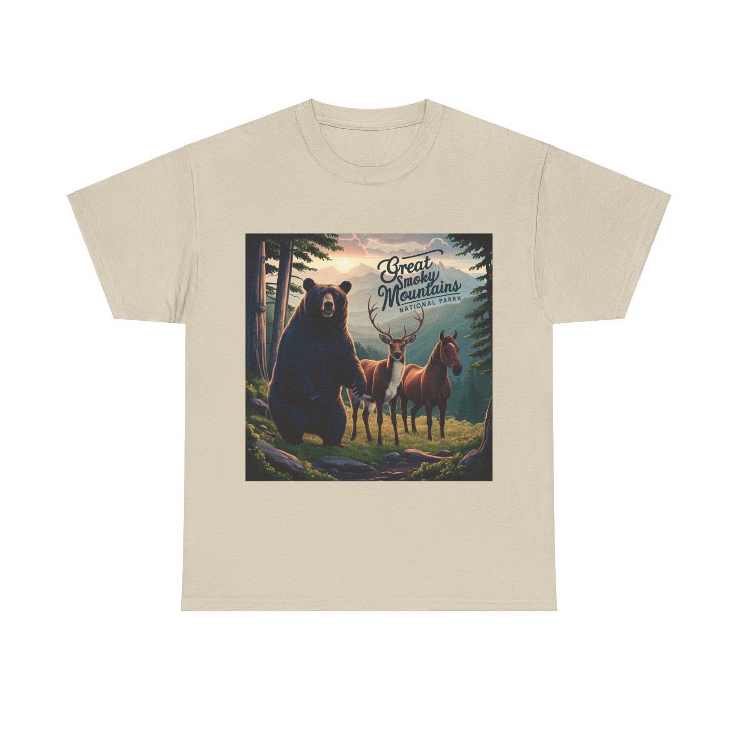 Great Smoky Mountains National Park Bear Deer and Horse Unisex Heavy Cotton Tee