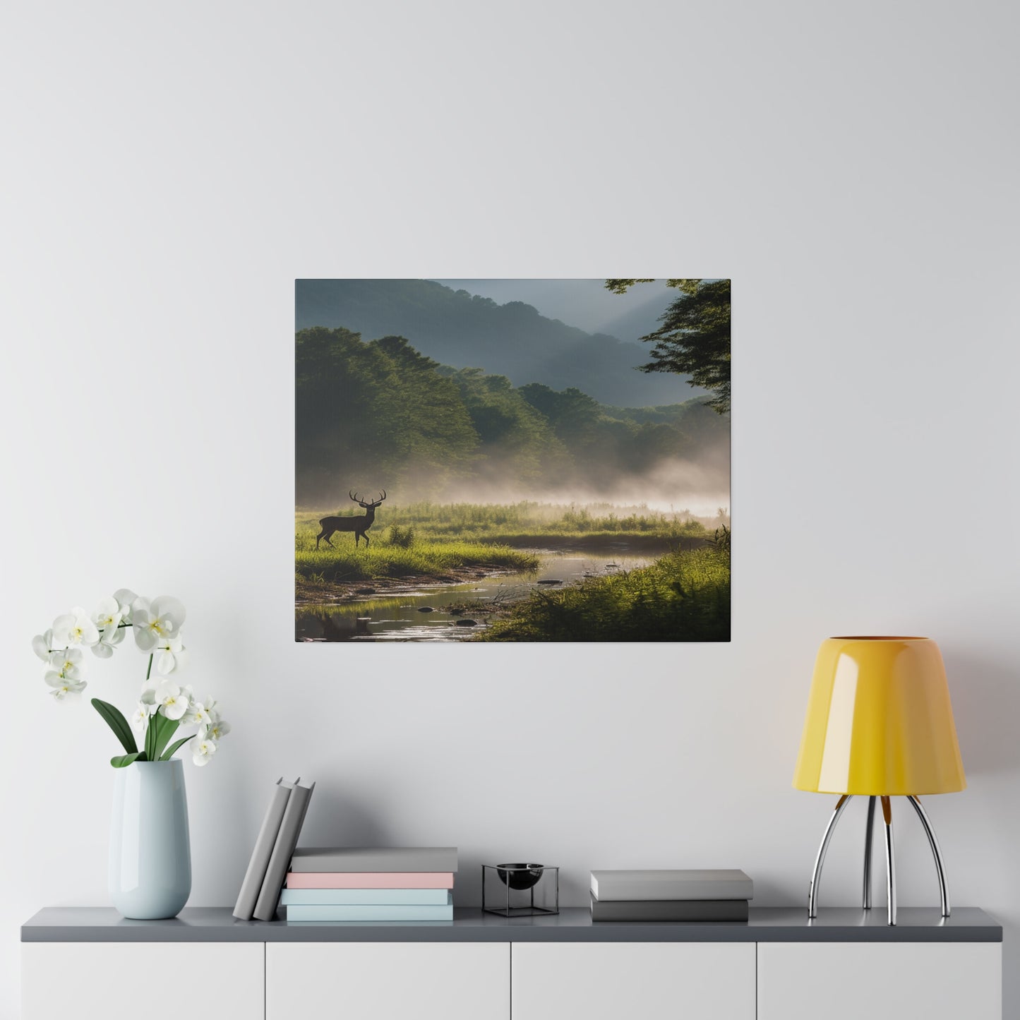 Great Smoky Mountains National Park Deer in Field with Creek Matte Canvas, Stretched, 0.75"